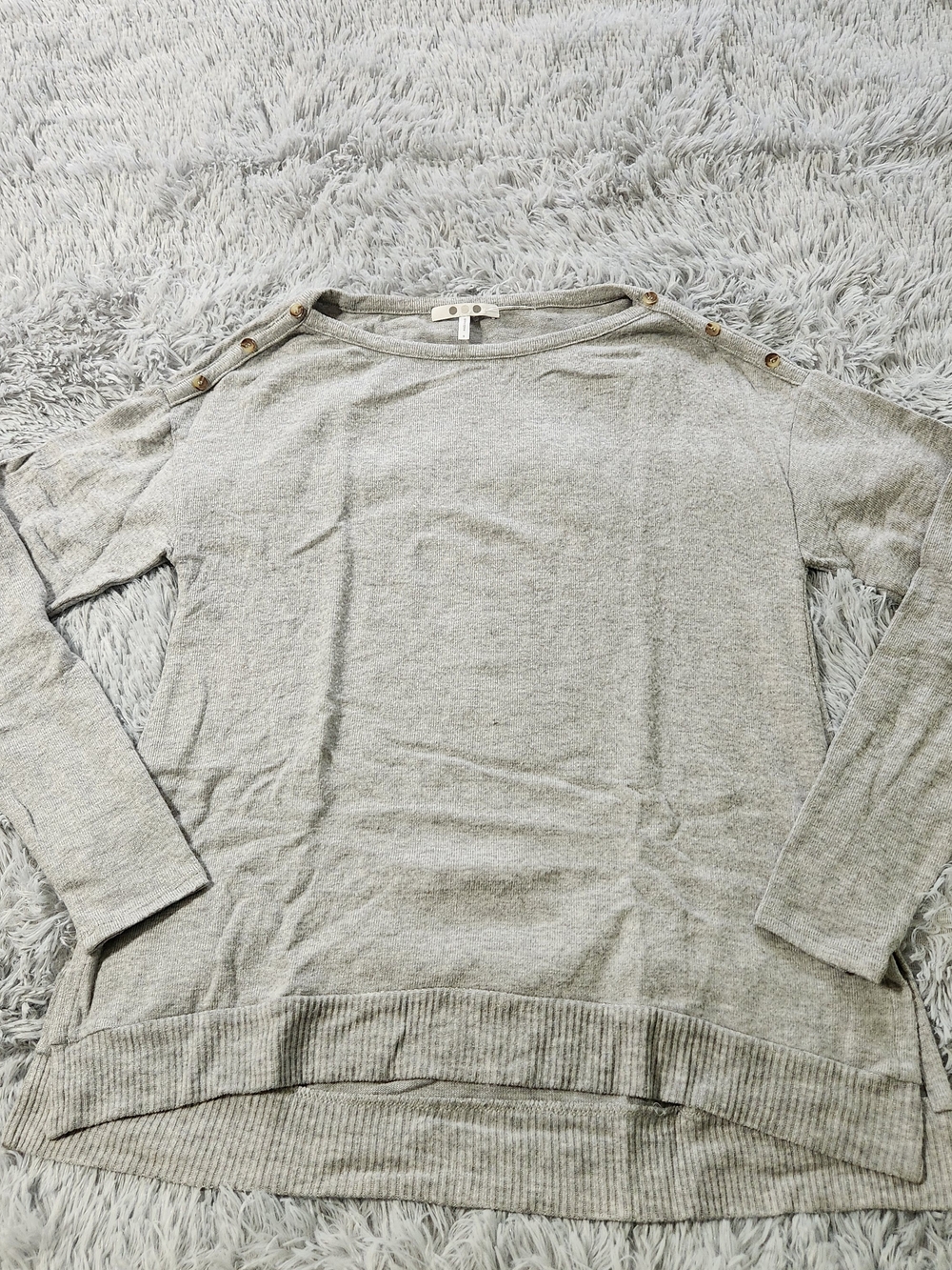 Three Dots Gray Crewneck Button Detail Top